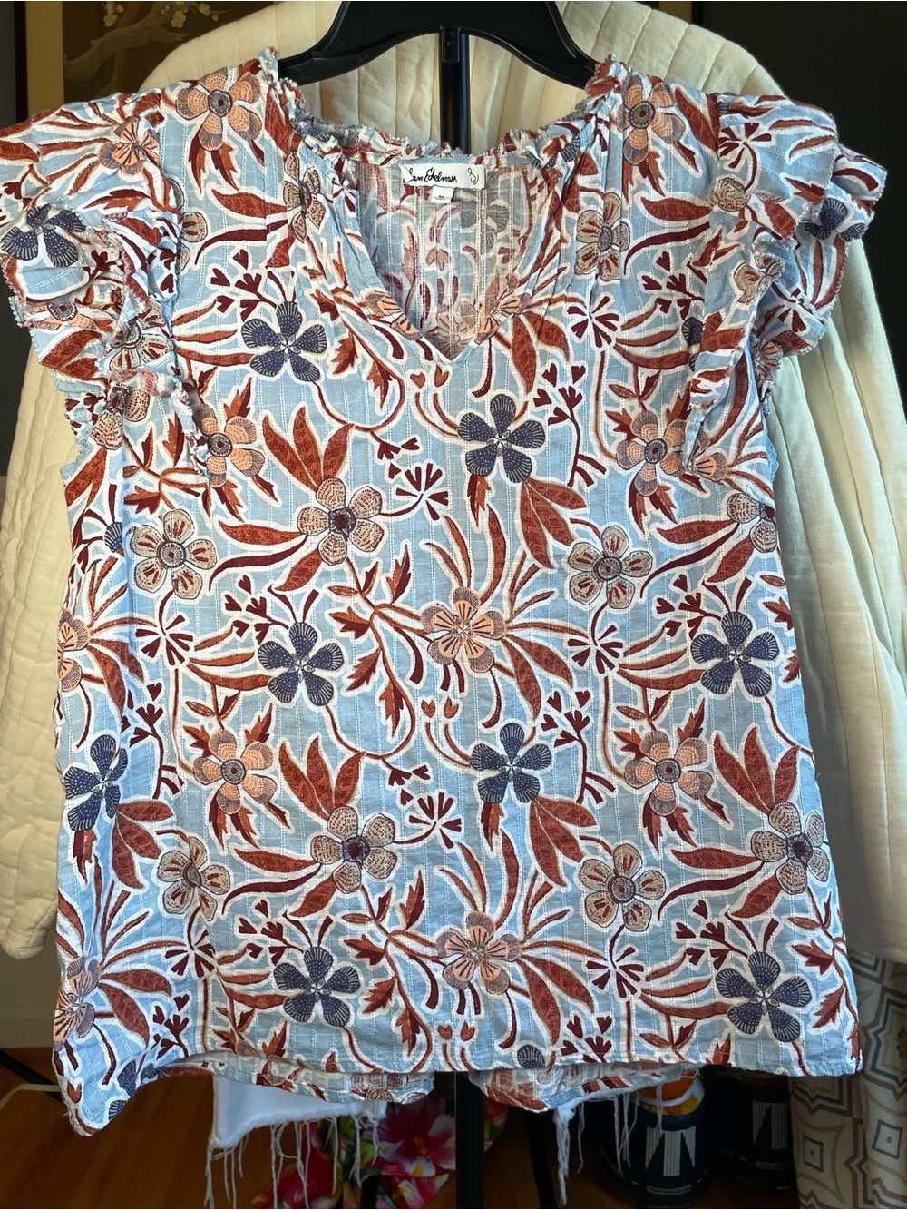 Sam Edelman Floral V-Neck Ruffle Sleeve Top - Light Blue, Rust & Navy